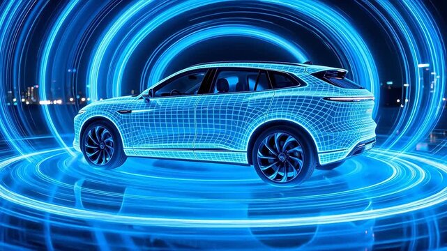 Blue wireframe electric car on display