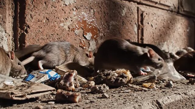 Group of rats on a dirty floor with trash and debris