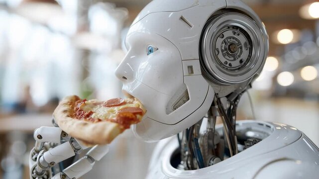White robot eats pizza slice with focused gaze. Clever design merges tech and human comfort. Restaurant setting suggests future dining norms. Robot's expression shows quiet enjoyment of food