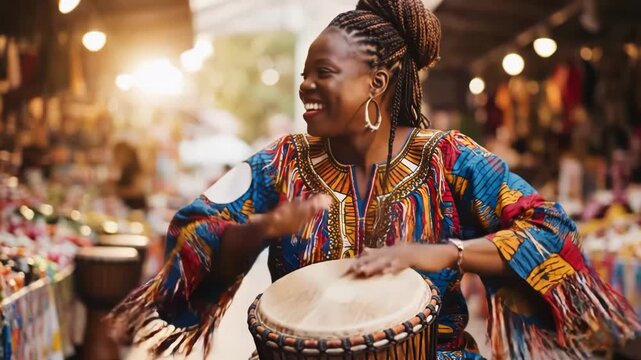 Woman playing a drum in a colorful market with vibrant clothing and drums around her