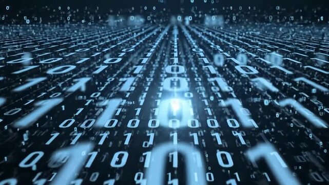 Digital binary code background with glowing blue numbers and symbols