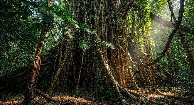 Ancient Tropical Rainforest with Large Tree Roots and Sunlight Filtering Through Canopy