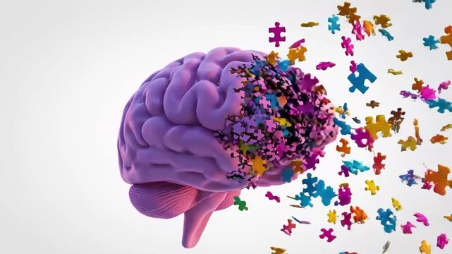 A purple brain with puzzle pieces flying out isolated on white background
