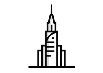 Fototapeta premium A stylized skyscraper illustration with tiered sections and a grey shadow on its left side is centered on a horizontal black line.