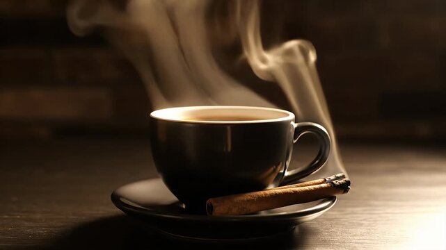 Steaming coffee cup and cinnamon stick on dark table