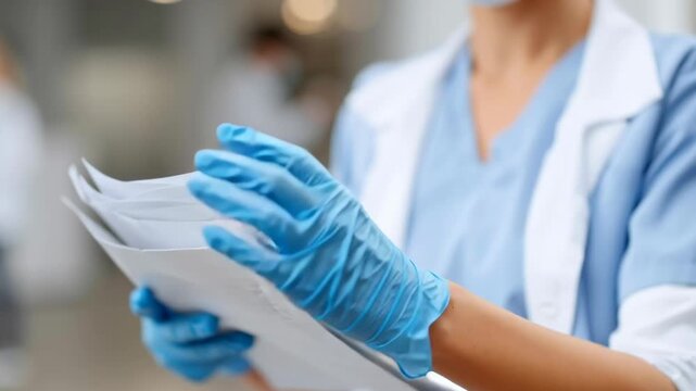 Medical professional reviews documents carefully. Gloved hands hold papers with focus and care. Clinical setting implies serious or routine tasks. Useful for healthcare, research