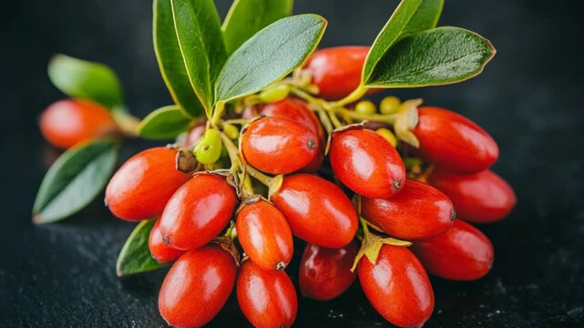 selective focus ripe elongated orange berries cluster on twig