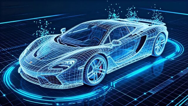 Wireframe sports car on digital grid