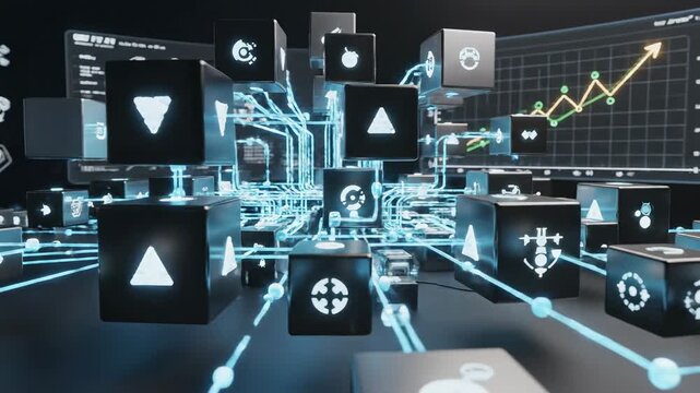 Abstract network of glowing cubes and financial graph data visualization concept for blockchain and technology applications