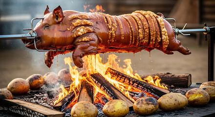 Traditional whole pig roasting on a rotating spit over glowing charcoal embers and fire with seasoned golden potato garnish in an outdoor rustic feast