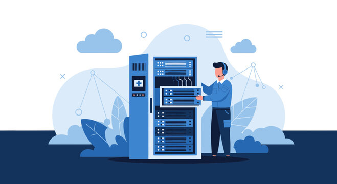 IT technician installing server rack in data center, technology concept