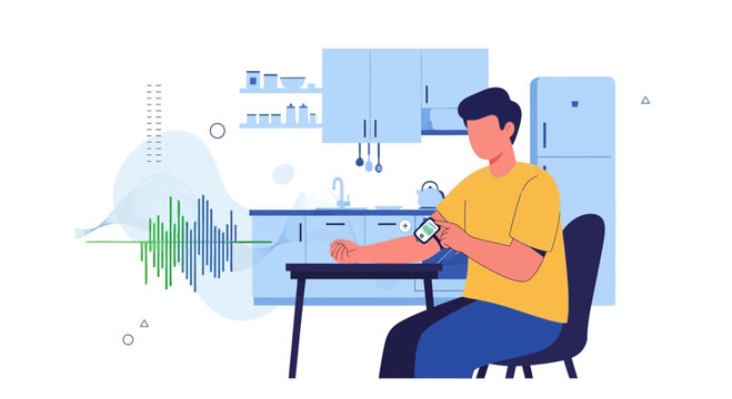 Man checking blood pressure at home with health monitoring device, kitchen background