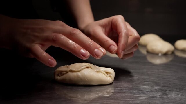 Close-up hands gently shaping smooth dough pieces on dark countertop, demonstrating careful artisan bread preparation and delicate handmade pastry forming technique