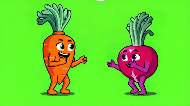 Animated carrot and beet character meeting against a green background for childrens education videos and food related content