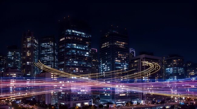 Night cityscape with light trails, highrise buildings, and a dark sky