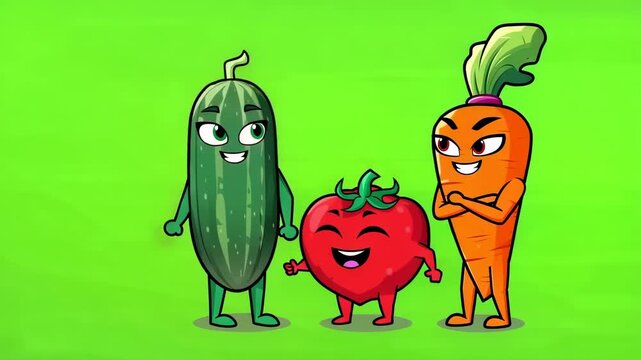 Animated cartoon vegetables characters on green background cucumber tomato and carrot group smiling friendly expressions for kids education