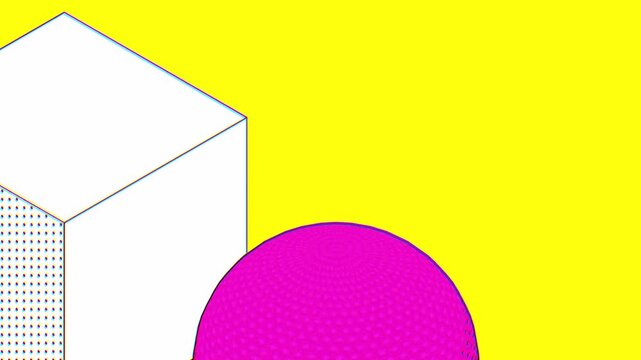 Extreme close up of a pink sphere and white cube with intricate halftone patterns and offset color edges on a yellow field showcasing detailed graphic design and abstract art