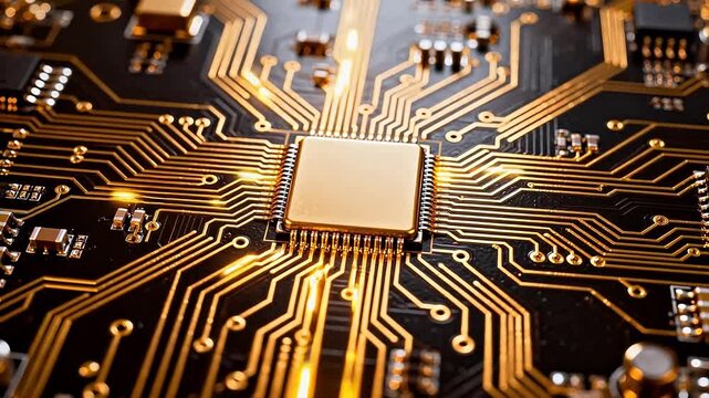 Closeup of a circuit board with gold traces