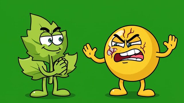 Animated conflict cartoon characters green leaf smug emoji injured opponent cartoon style animated dispute cartoon fight