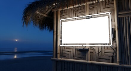 Fototapeta premium Tranquil tropical evening scene featuring a blank neon-framed sign mounted on a woven bamboo wall