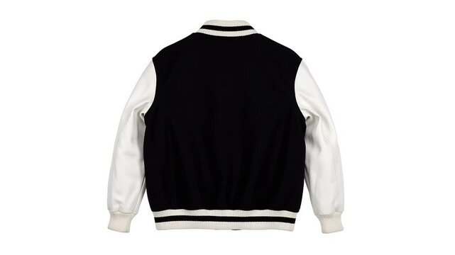 Classic varsity jacket with black main body and white sleeves, a symbol of youthful energy and timeless style