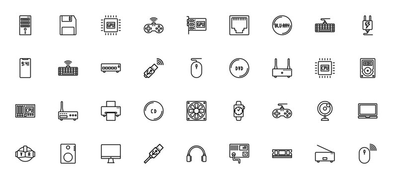 Computer & IT icon set. Minimal vector icons pack. Includes case, CPU, GPU, keyboard, mouse, router, USB, hard drive, laptop, monitor and more. Editable stroke.