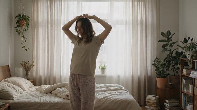 Woman pajama dancing bedroom morning light plant cozy bed soft curtain relaxed home comfort sunlight serene wake up stretch peaceful vibe indoor