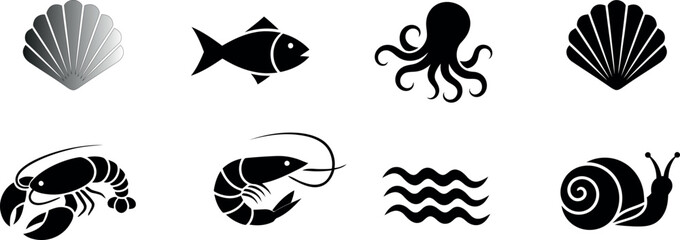 Sea creatures and shells silhouette collection oceanic shapes and forms © Ram Dutta