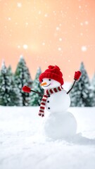 Fototapeta premium A snowman wearing a red hat and scarf in a snowy landscape