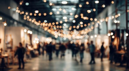 Fototapeta premium Blurred background of a bustling indoor market or event with string lights and people.
