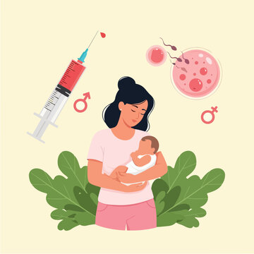 Mother holding baby with medical symbols of fertility treatment.