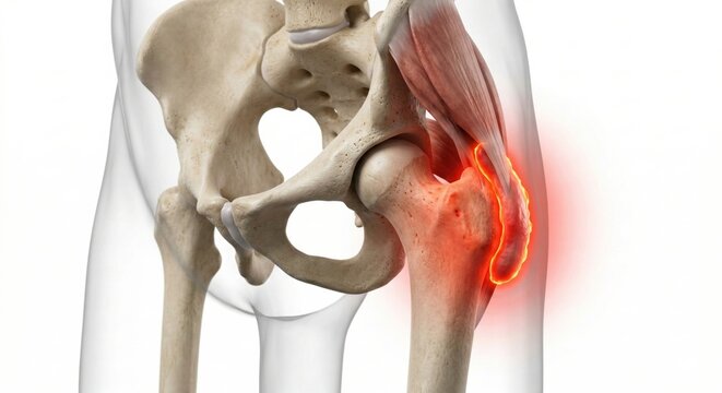 Trochanteric bursitis hip joint anatomy render displaying inflamed fluid filled bursa over greater trochanter representing chronic orthopedic condition within medical science healthcare