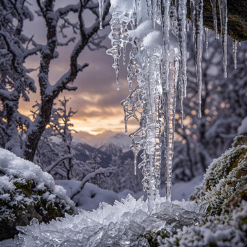 Intricate Icicles and Delicate Ice Crystals Adorn a Winter Landscape at Sunset, Revealing Nature's Frozen Artistry