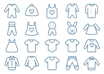 Fototapeta premium A collection of twenty thick light blue line icons depicting baby garments and heart-patterned clothes arranged in a grid on white.