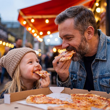 Joyful Father and Daughter Sharing a Delicious Slice of Pizza at a Bustling Outdoor Evening Food Market