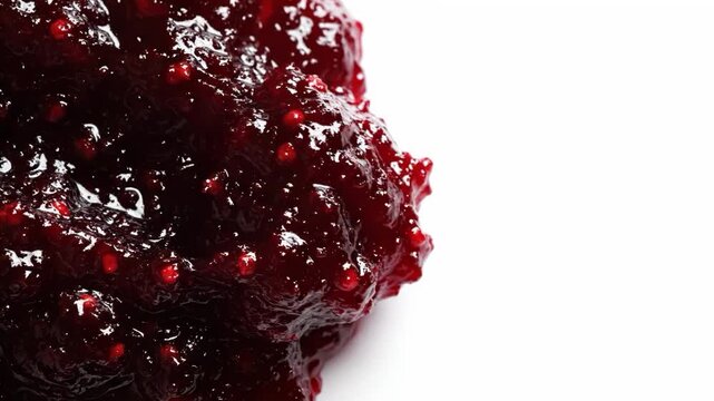 Closeup of a rich, dark red jam on a white background