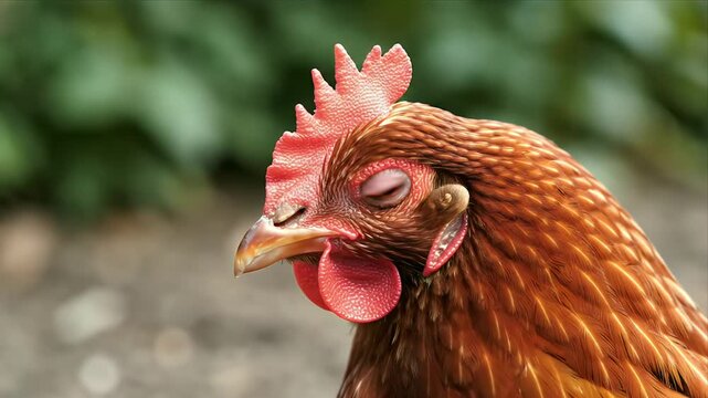 Close up portrait of a brown hen with red comb and wattle in a natural outdoor setting soft focus background
