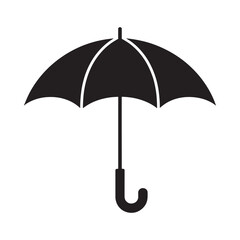 A simple black silhouette of an open umbrella against a white background