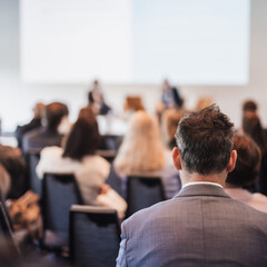 Interview and round table discussion at business convention and presentation. Audience at the...