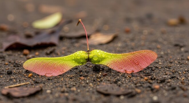 Close-Up of a Vibrant Pink and Green Polymorphic Moth Resting on Soil Surface