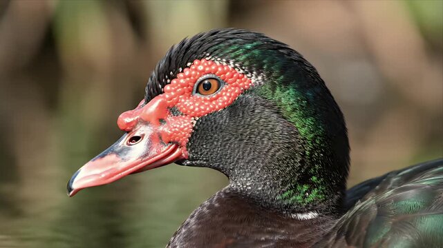 Close up profile of a black Muscovy duck with vibrant red caruncles around its eye and beak swimming in calm water with