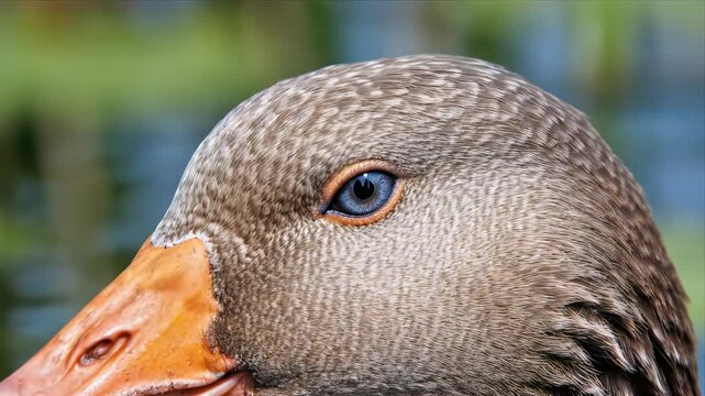 Close Up Profile of a Goose Head with Blue Eye and Orange Beak in Soft Focus Natural Green Background