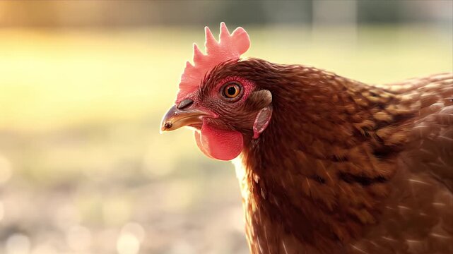 Close-up profile of a healthy brown hen with red comb and wattle enjoying warm sunlight in a soft-focus outdoor setting