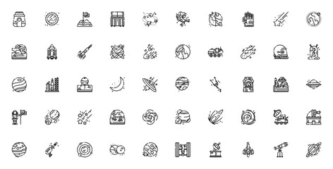 Space icon set. Vector illustration pack with astronaut, rocket, planet, galaxy, satellite, telescope and more. Minimalist space and astronomy symbols. © wang