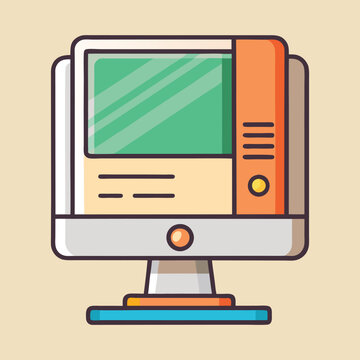 Illustration of a retro computer with a green screen and orange accents