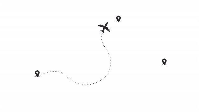 Dynamic graphic representing global travel, a plane flying an efficient route between various location pins, symbolizing seamless aerial journey planning
