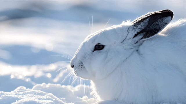 Close up profile of a wild arctic hare with frost on its fur resting in the snow during winter with soft sunlight