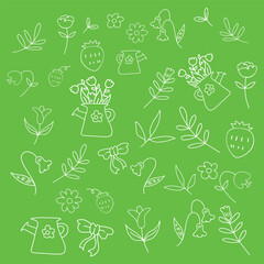 Cute Hand Drawn Floral Doodle Pattern On Green Background