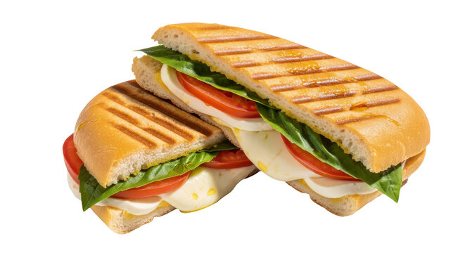 Grilled panini sandwich with fresh vegetables and cheese isolated on transparent background