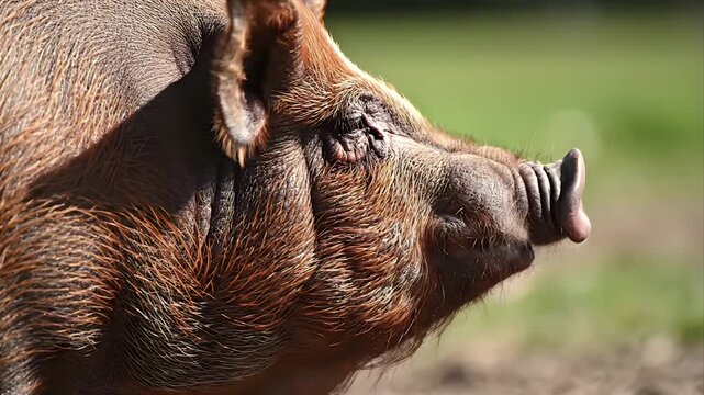 Close up profile of a wild boar with bristly brown fur and muddy snout in a natural grassy field during daytime